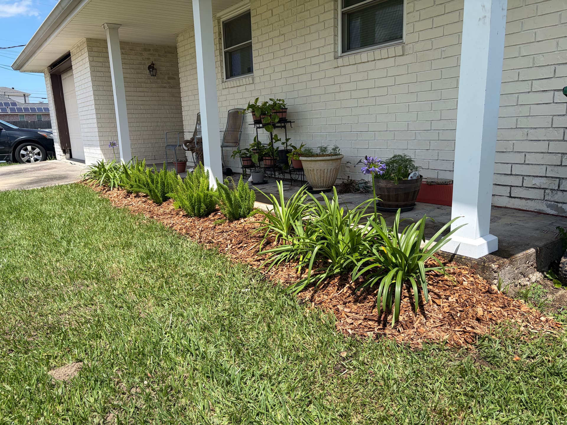 Gallery photos for Grassy Strip Turned Clean Garden Bed with Fresh Plants and Mulch: Image #2