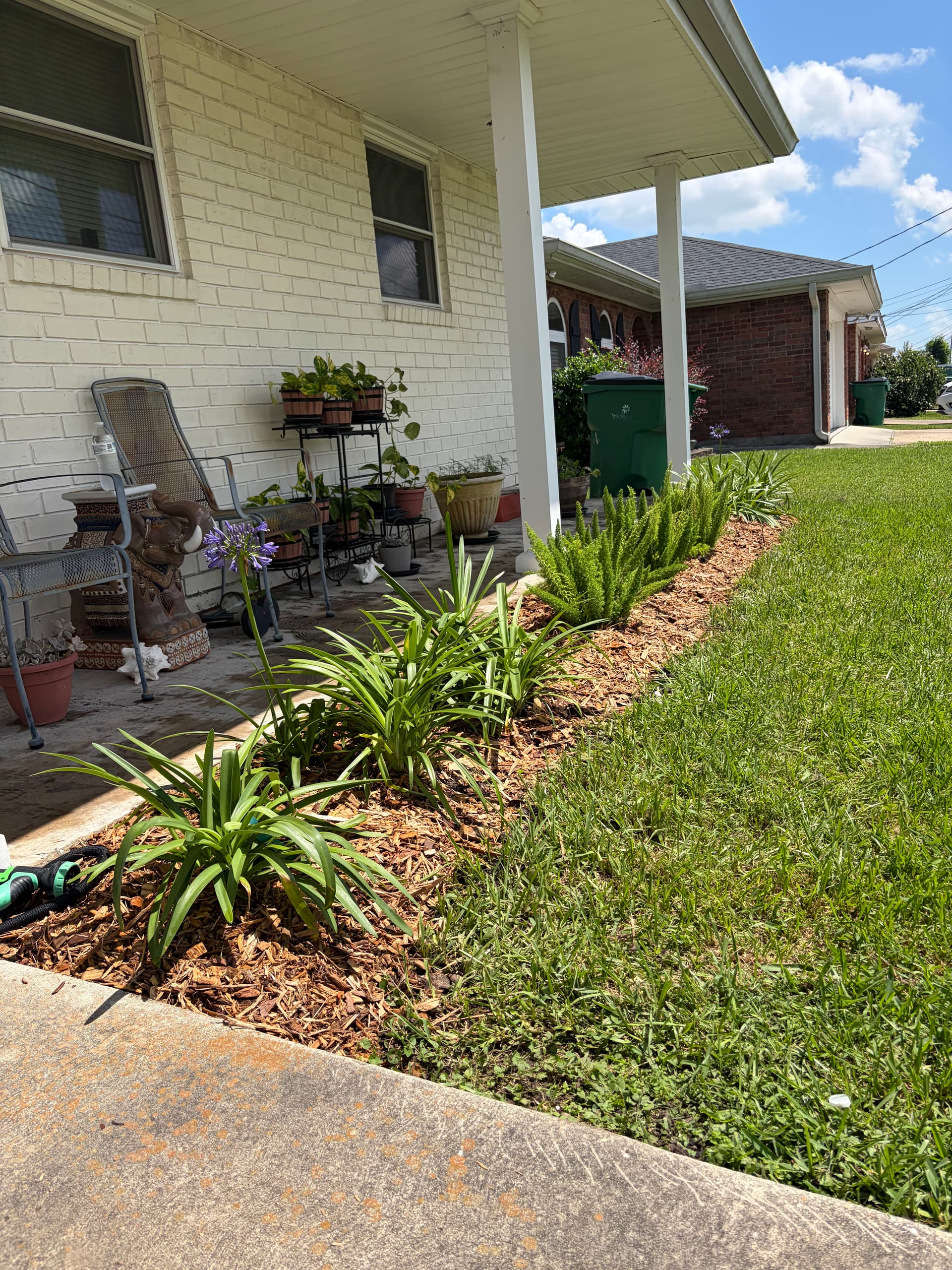 Gallery photos for Grassy Strip Turned Clean Garden Bed with Fresh Plants and Mulch: Image #3